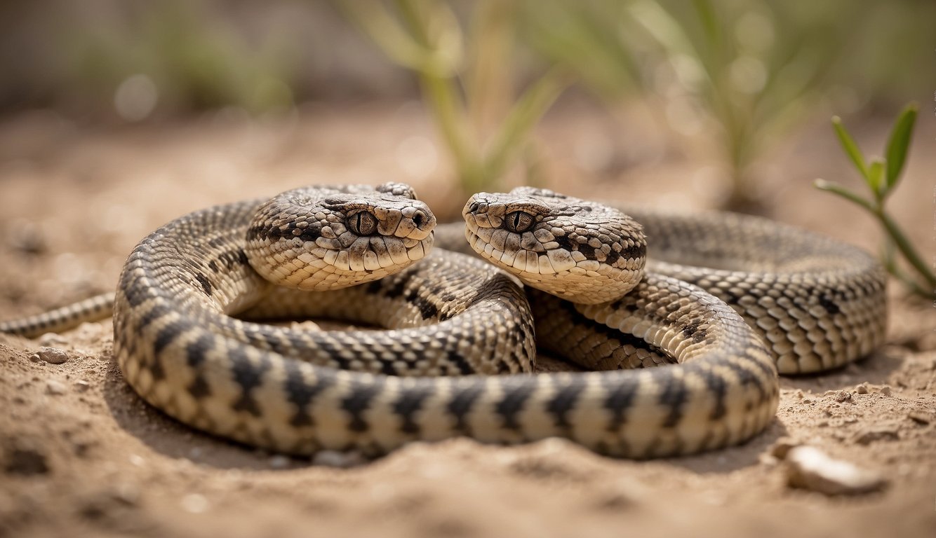 Two Eastern Diamondback Rattlesnakes facing each other, coiled and rattling their tails in a dry, sandy habitat