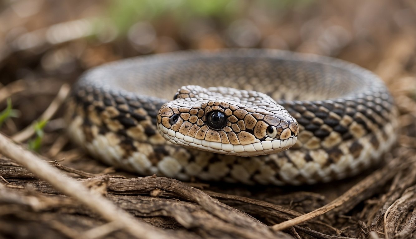 An Eastern Diamondback Rattlesnake coils, its segmented rattle vibrating rapidly as it emits a series of sharp, distinctive rattling sounds
