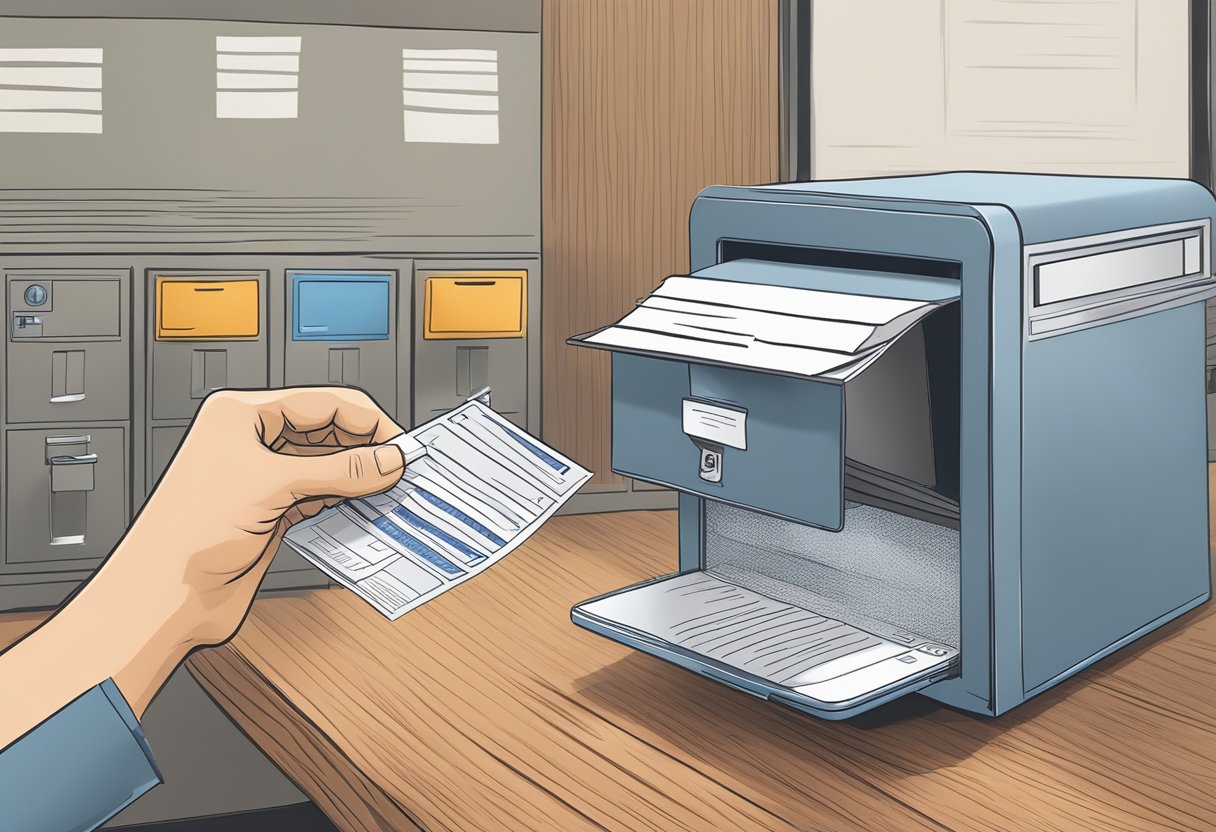 A hand reaching into a PO box, pulling out mail with a reverse PO box search on a computer screen in the background