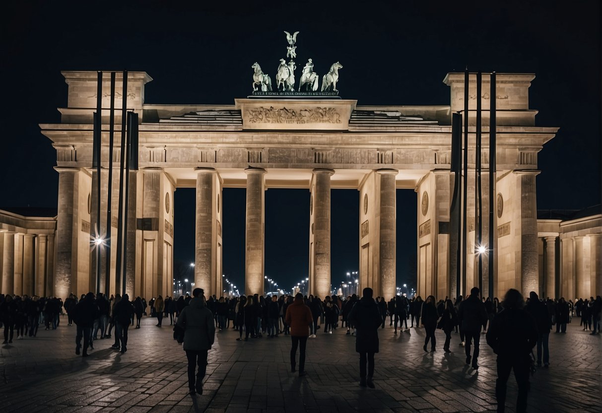 The Brandenburg Gate stands tall amidst bustling tourists. Nearby, the somber Memorial to the Murdered Jews of Europe creates a powerful contrast