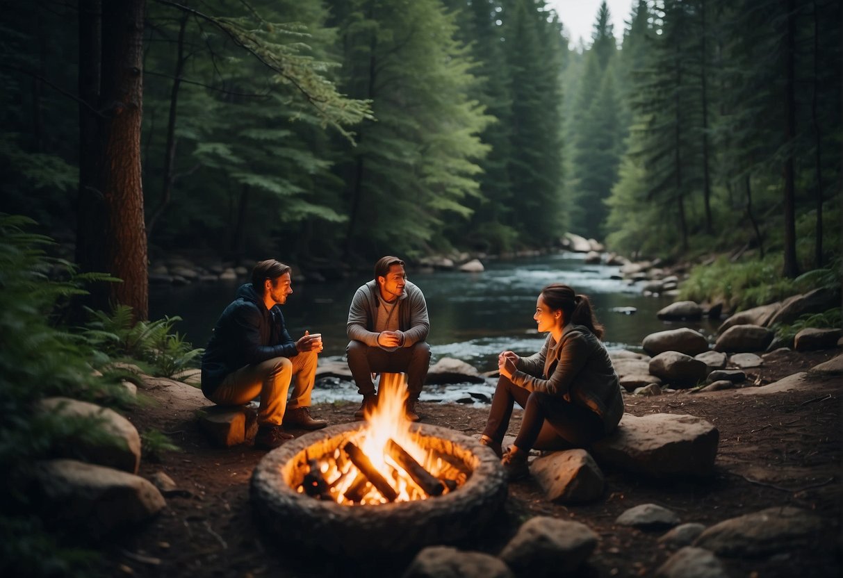 A serene forest with a winding river, a cozy campfire, and a group of hikers enjoying the outdoors