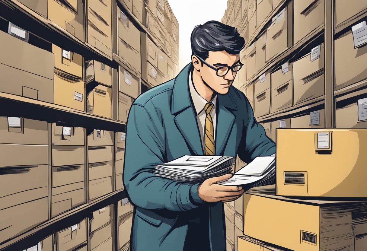 A private investigator searches through a stack of PO boxes, pulling out envelopes and examining them closely