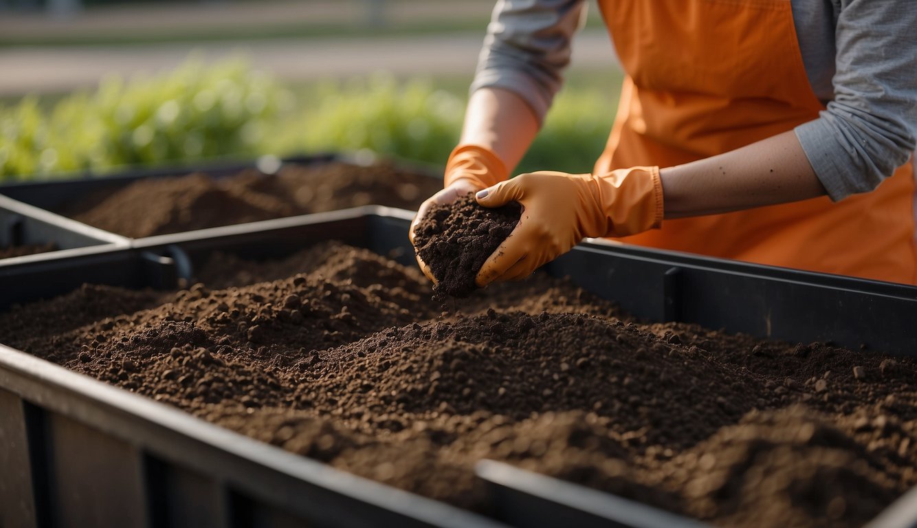 A person fills a container with soil, then adds fertilizer before planting carrot seeds
