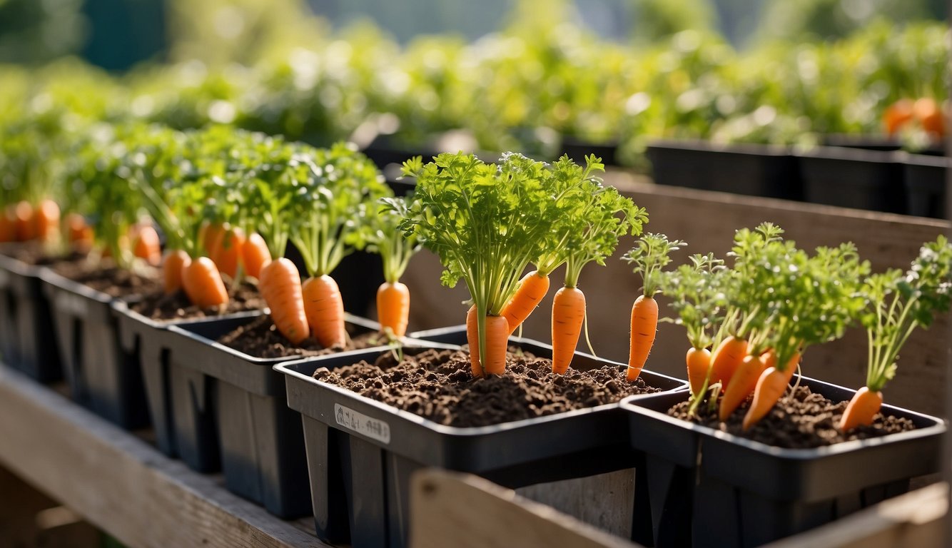 Various carrot varieties in containers, seeds packets nearby. Soil, fertilizer, and watering can present. Bright sunlight and greenery in the background
