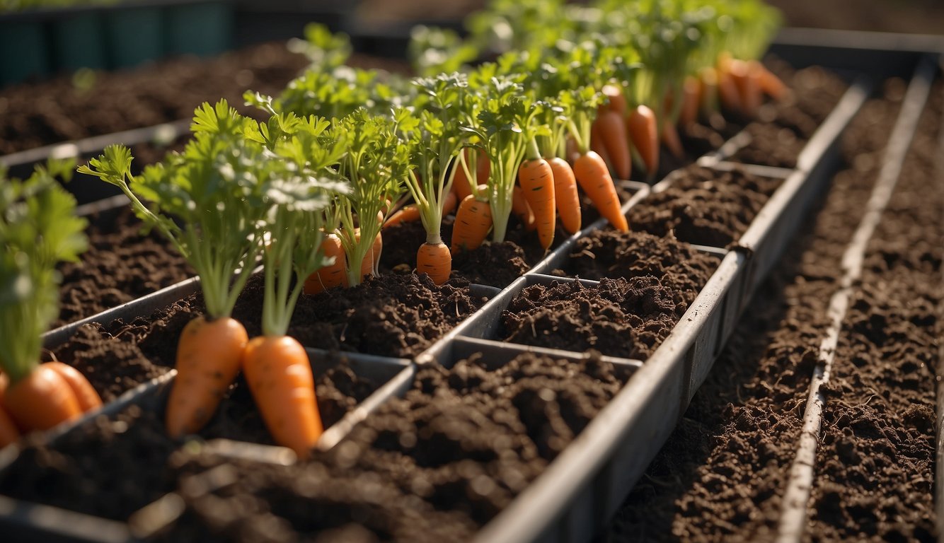 Carrots being planted in a container, spaced evenly apart, with soil being gently patted down around each seed