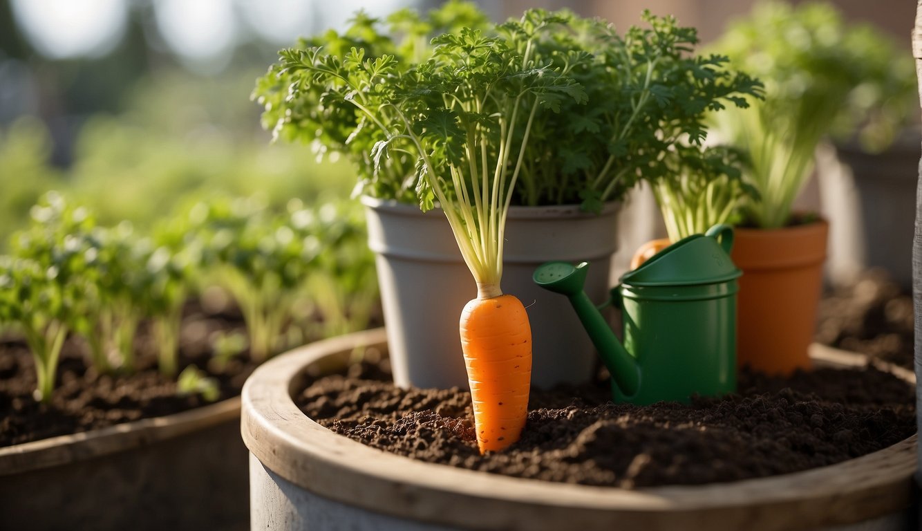 Carrot plants in a container, soil, and fertilizer nearby, watering can, sunlight streaming in, growth chart on the wall