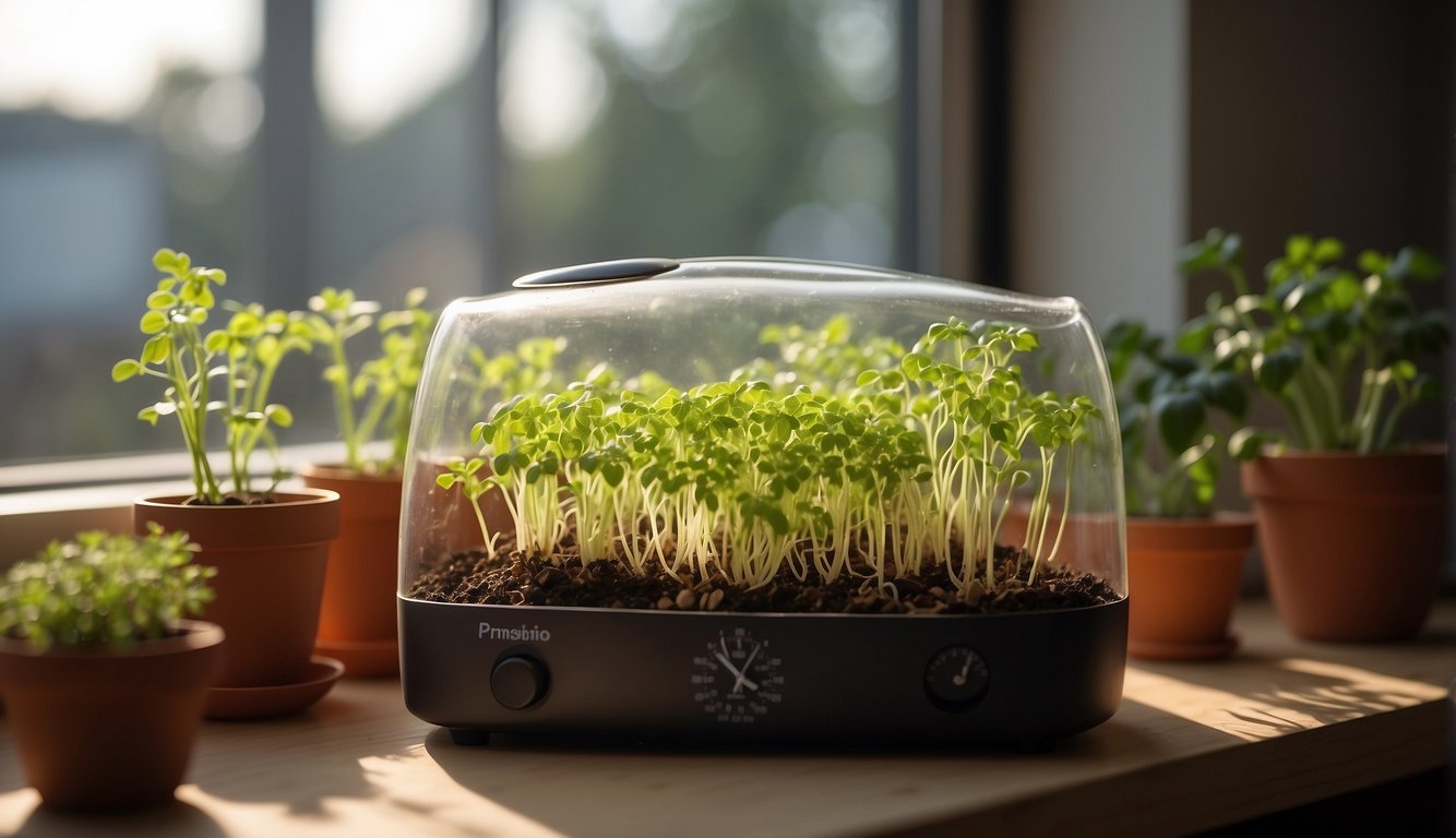 Sunlight filters through a window onto a container filled with soil and carrot sprouts. A thermometer and hygrometer sit nearby, measuring the climate conditions for optimal growth