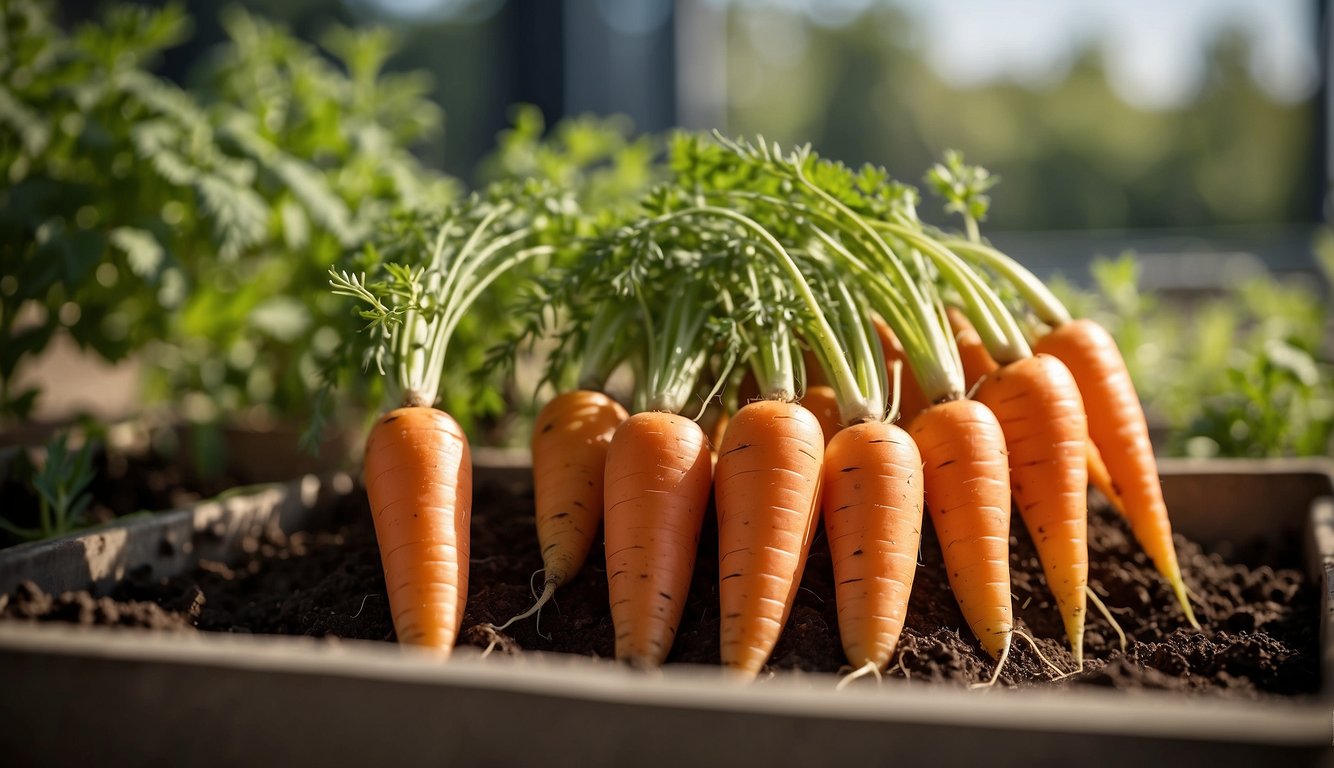 Carrots in a container with soil, water, and sunlight. Check for pests, diseases, and proper watering. Use well-draining soil and thin seedlings as they grow