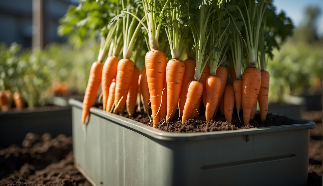 Carrots growing in a large container, with soil, water, and sunlight. A small sign reads "Frequently Asked Questions: How to Grow Carrots in a Container?"