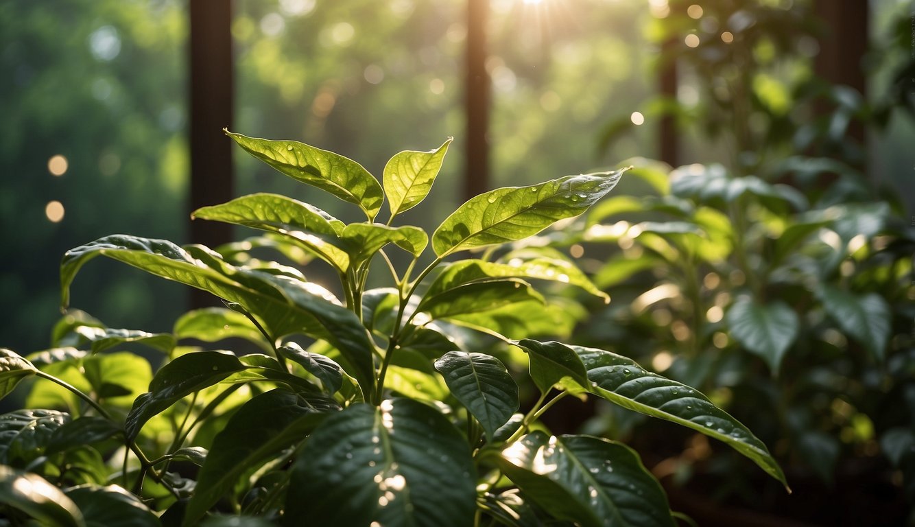 Sunlight floods through the large windows, illuminating the lush green coffee plants. The air is warm and humid, with a gentle breeze wafting through the space. Water droplets glisten on the leaves, evidence of the optimal growing conditions