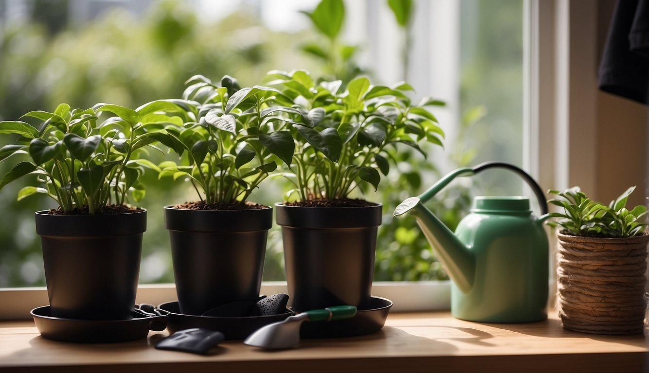 Lush green coffee plant sits on a sunny windowsill, surrounded by small pots of soil and gardening tools. A watering can and a bag of fertilizer are nearby