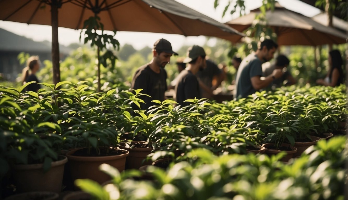 Lush green coffee plants spread across a sunlit coffee house, with baristas tending to them using various propagation methods