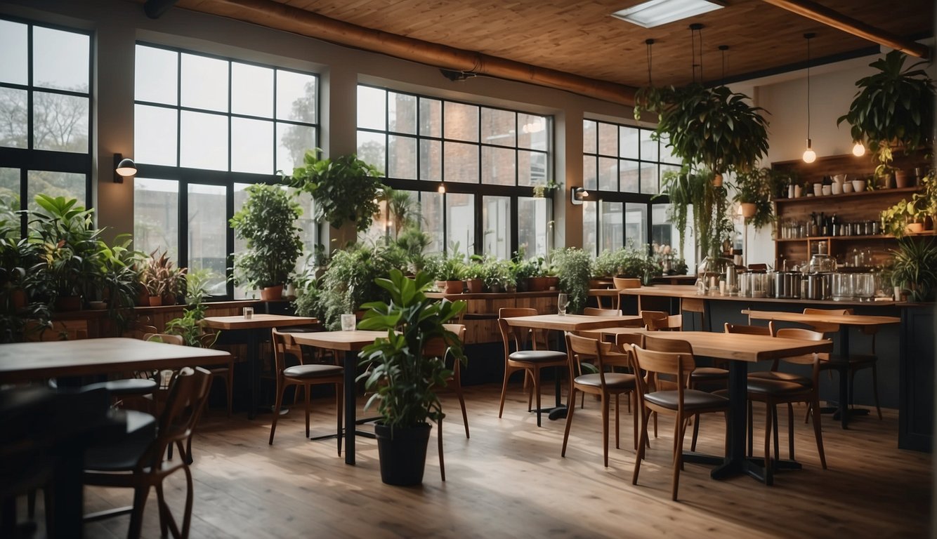 A cozy coffee house with a lush green plant in the corner, adding a touch of nature to the warm and inviting atmosphere