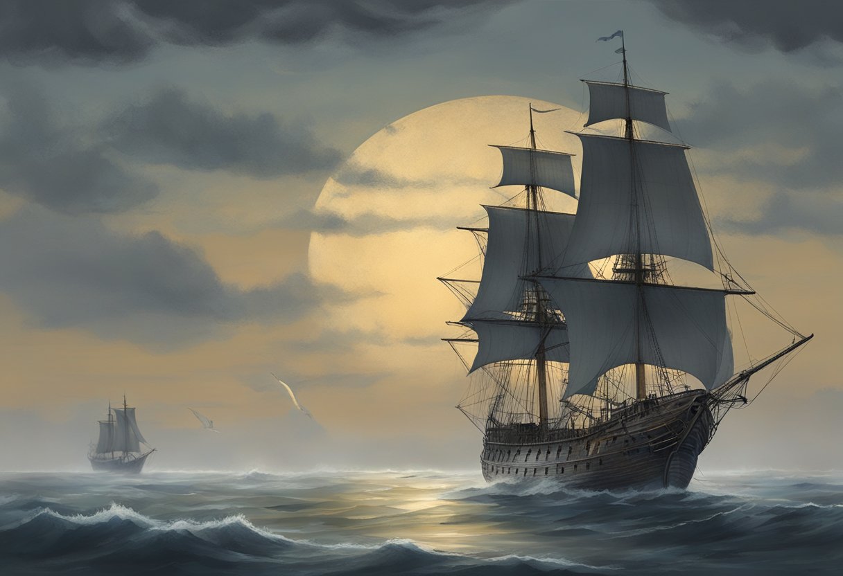 A ghostly ship sails through misty Delaware Bay at dusk, its tattered sails billowing in the wind. The ship appears ancient, with worn and weathered wood, and an eerie glow emanates from its portholes