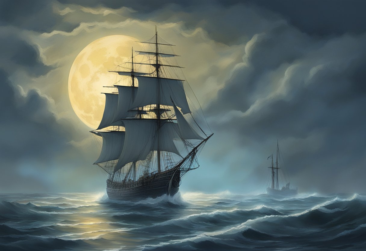 A ghostly ship sails through misty Delaware Bay, its tattered sails billowing in the wind, surrounded by the eerie glow of the moonlight