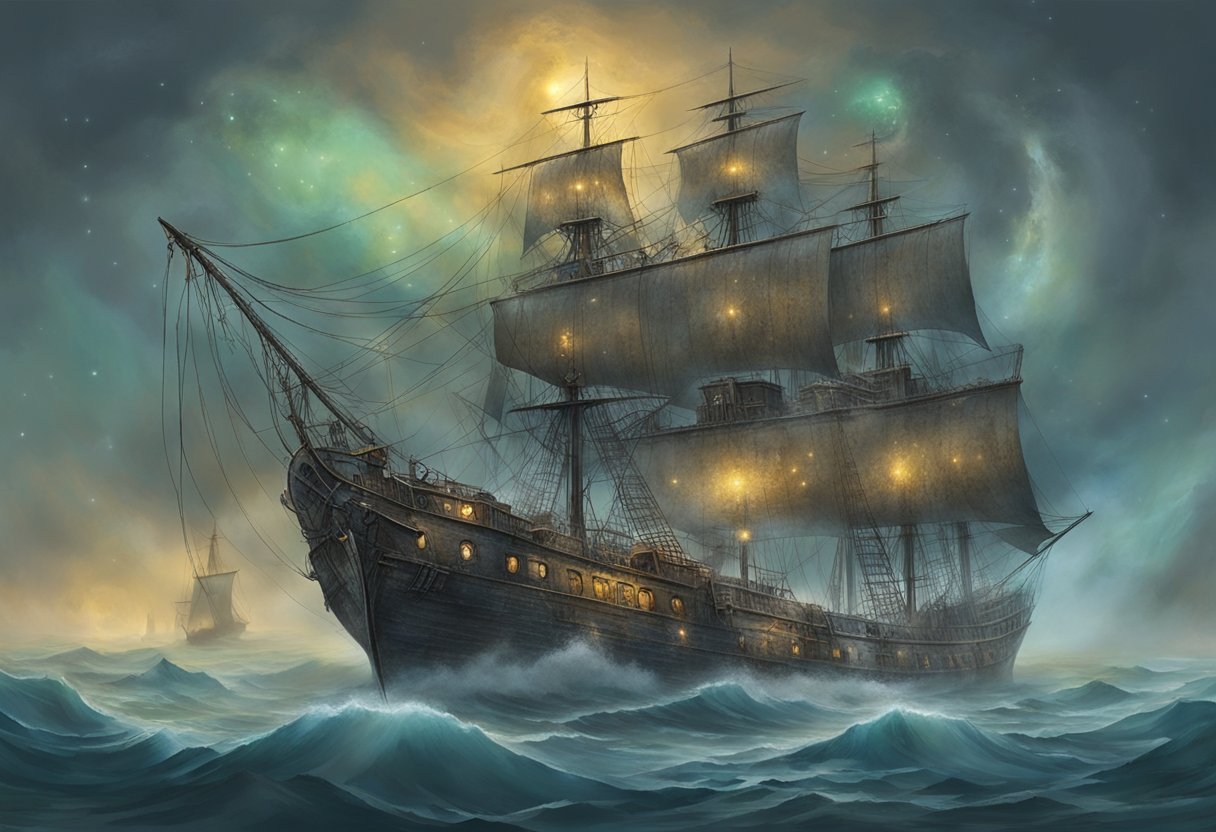 The Ghost Ship of Delaware Bay is surrounded by swirling mist, with flickering lights and eerie sounds emanating from its hull. The ship's rusted metal exterior is covered in mysterious symbols and pulsating with an otherworldly energy