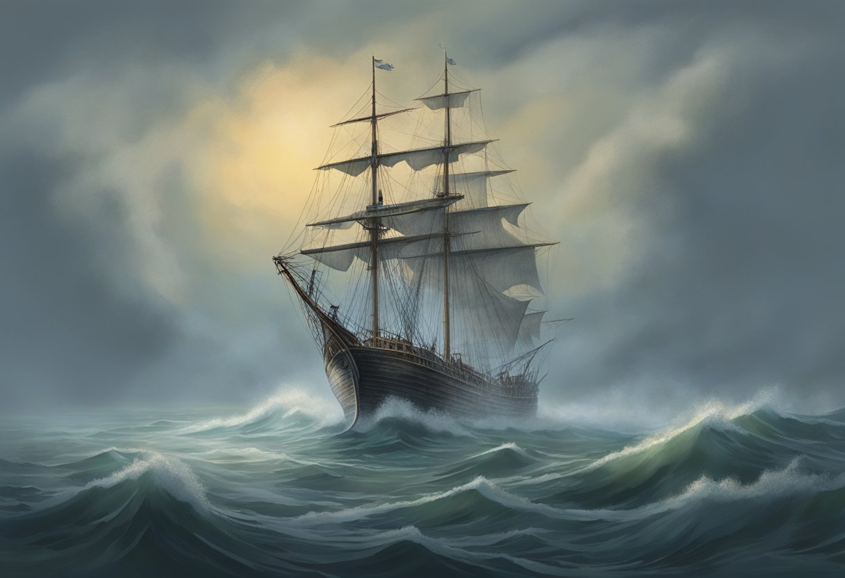 The eerie ghost ship glides through the misty waters of Delaware Bay, its tattered sails billowing in the wind, and the faint sound of ghostly whispers echoing across the water