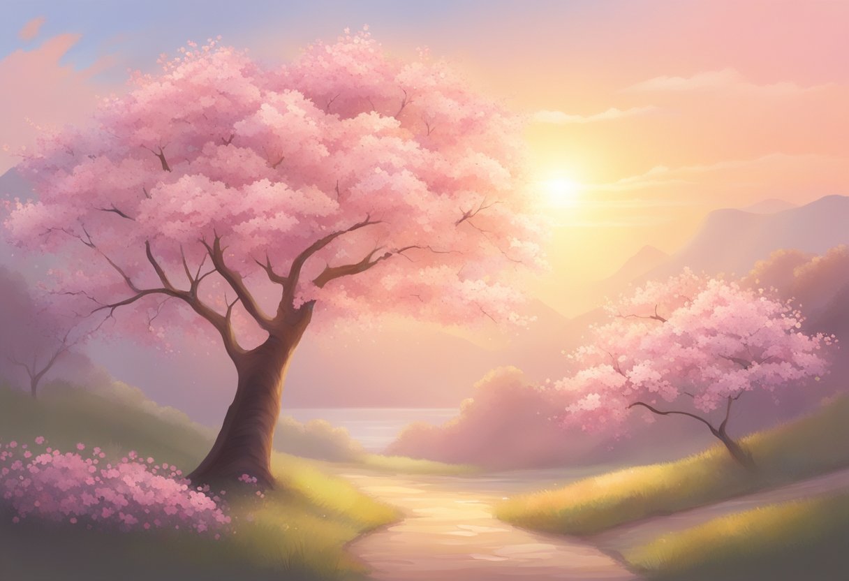 A blooming cherry blossom tree against a soft pastel background, with the sun casting a warm glow