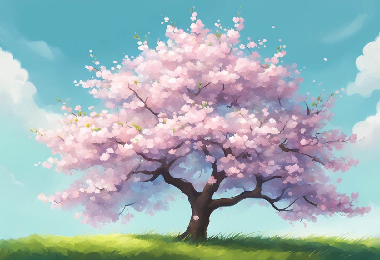 A blooming cherry blossom tree against a clear blue sky, with a few fluffy white clouds and vibrant green grass below