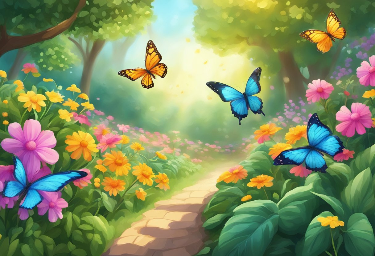 A vibrant garden scene with blooming flowers, lush greenery, and colorful butterflies fluttering around, with a soft sunlight filtering through the leaves