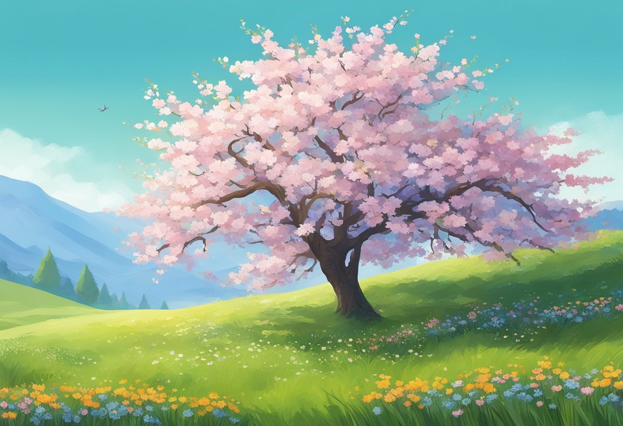 A blooming cherry blossom tree against a clear blue sky, with vibrant green grass and colorful wildflowers in the foreground