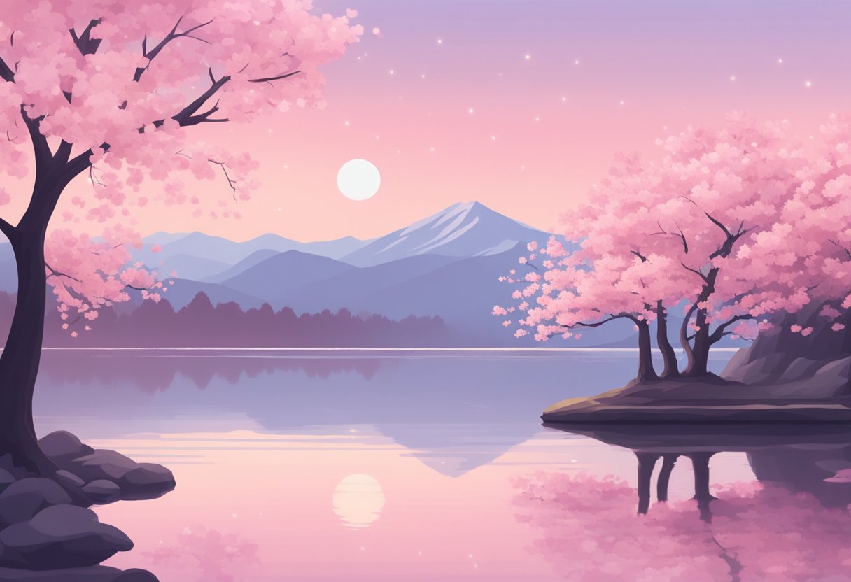 A blooming cherry blossom tree against a pastel pink sky, with a serene lake reflecting the soft hues. Aesthetic spring iPhone wallpaper