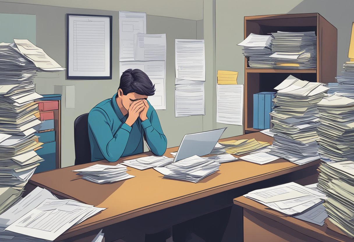 A person sits at a desk, surrounded by paperwork and looking frustrated. A pile of insurance forms sits untouched, while the person shakes their head in disappointment