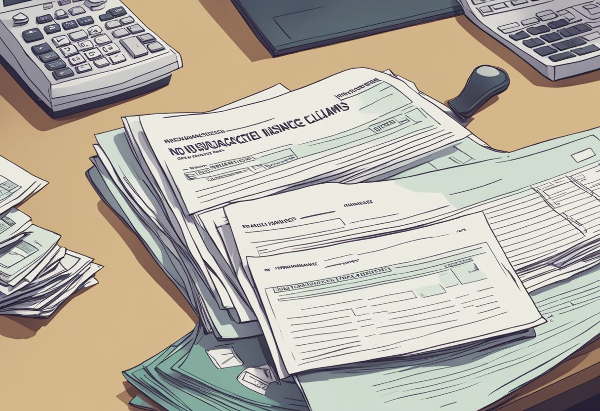 A pile of rejected insurance claims sits on a desk, while a stack of unpaid bills looms in the background. A sign on the wall reads "No insurance accepted."