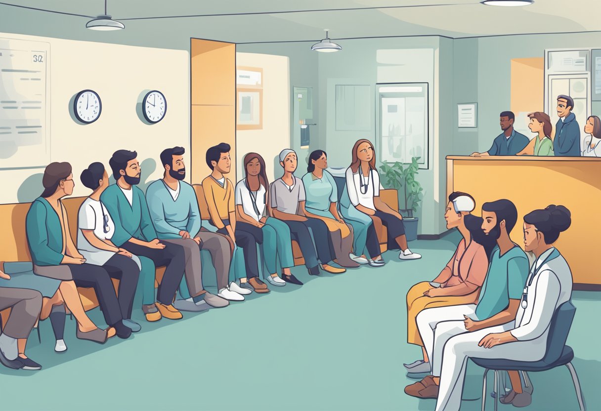 A crowded waiting room with frustrated patients. A doctor explains the benefits of direct pay for personalized care