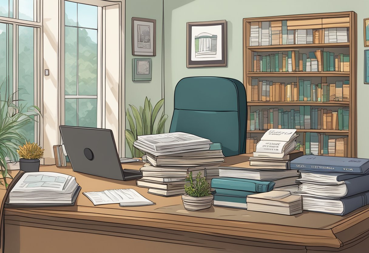 A serene office with a sign reading "Therapy: No Insurance Accepted" and a stack of alternative therapy books on the desk