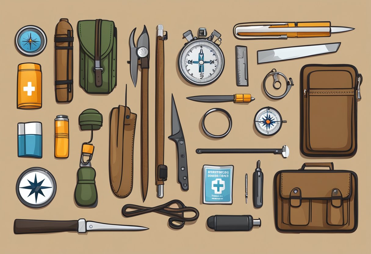 A collection of survival tools laid out on a wooden table, including a compass, knife, fire starter, and first aid kit