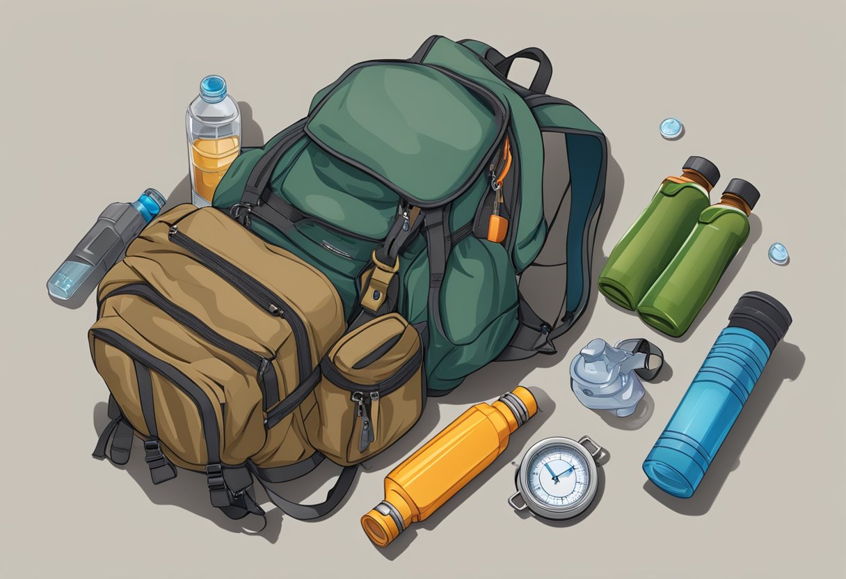 A backpack open on the ground, with a compass, knife, water bottle, and flashlight spilling out