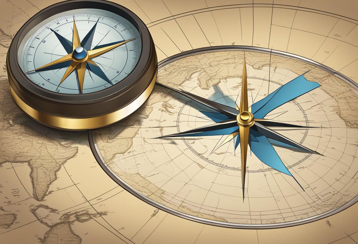A compass pointing north, a map spread out, and a signal mirror reflecting sunlight for rescue