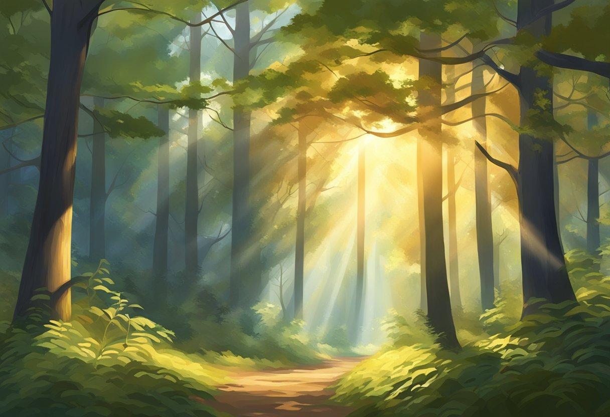 The sun casts a warm glow over a dense forest, illuminating the vibrant colors of the foliage. A beam of light filters through the trees, creating a beautiful play of shadows and highlights on the forest floor
