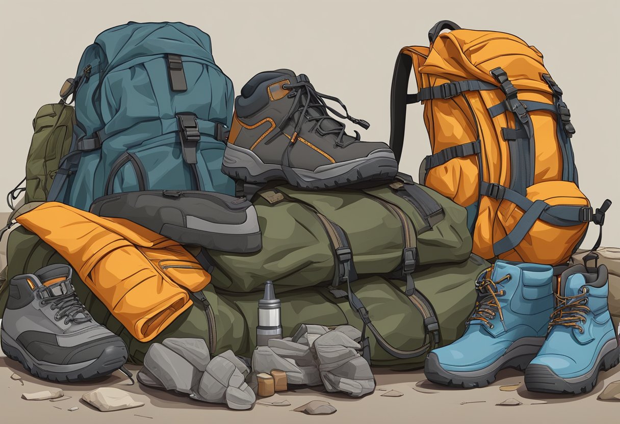 A pile of rugged clothing and protective gear, including sturdy boots, a weatherproof jacket, a helmet, and a backpack with essential survival tools