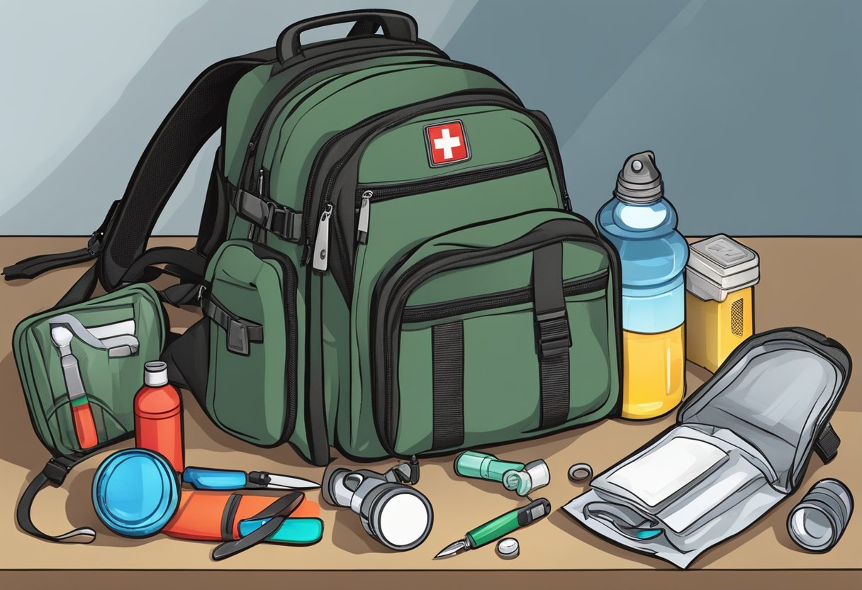 A backpack open on the ground with a flashlight, knife, water bottle, and first aid kit spilling out