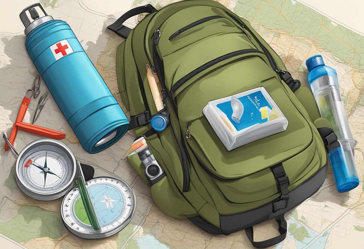 A flashlight, first aid kit, water bottle, and multi-tool lay on a backpack next to a map and compass