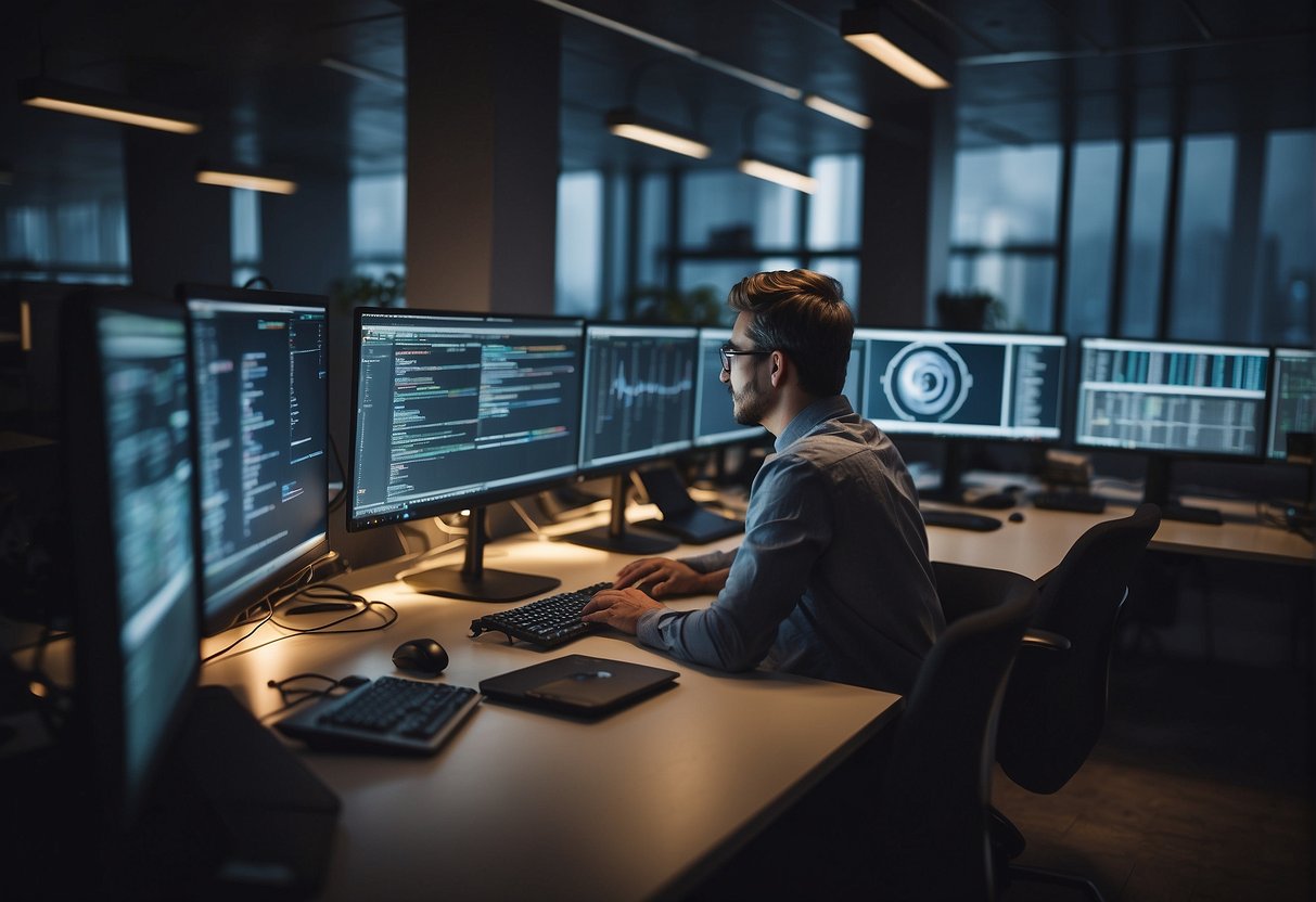 A bustling office with multiple computer screens, code being written, and a team collaborating on WordPress development projects. The energy is focused and the atmosphere is one of productivity and growth