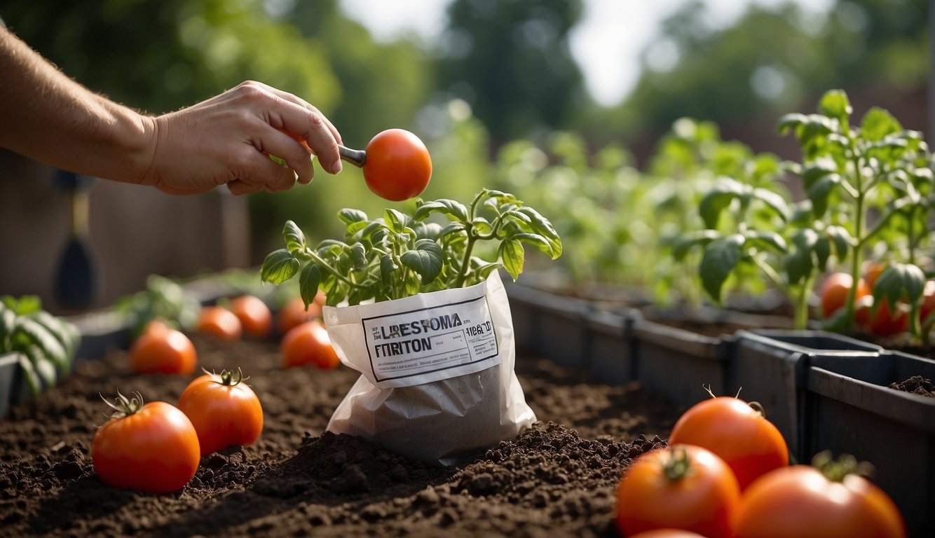 A hand reaches for a bag of fertilizer labeled for tomato plants. A shovel sits nearby, ready for use in the garden