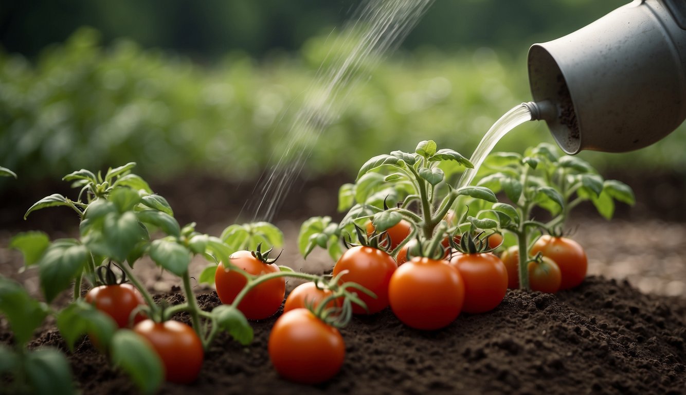 Tomato plants receiving fertilizer from a watering can