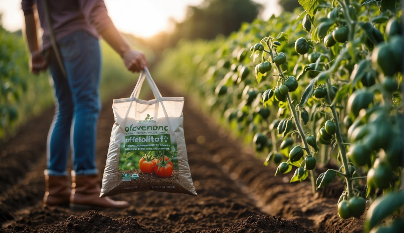 A hand holding a bag of organic tomato fertilizer, with a row of healthy tomato plants in the background