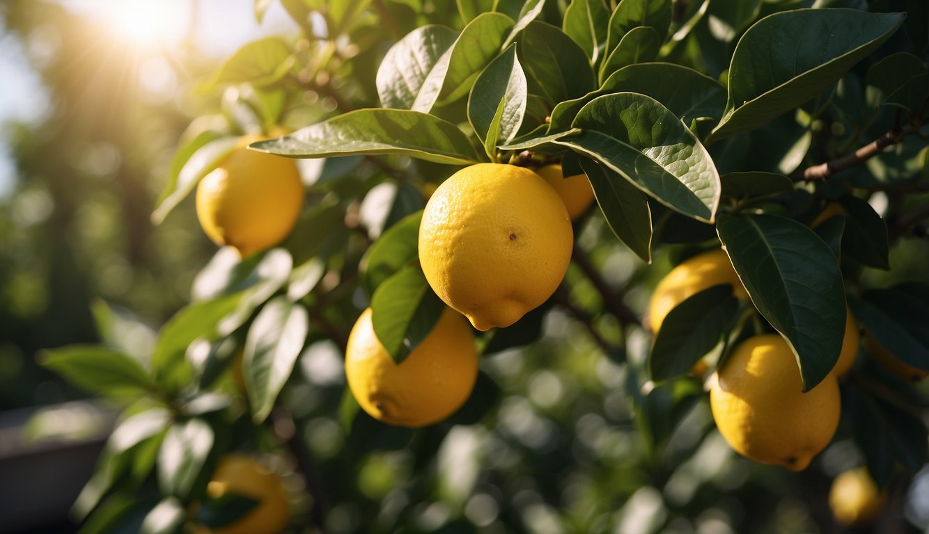 A lemon tree with no lemons, surrounded by lush green leaves and bathed in warm sunlight