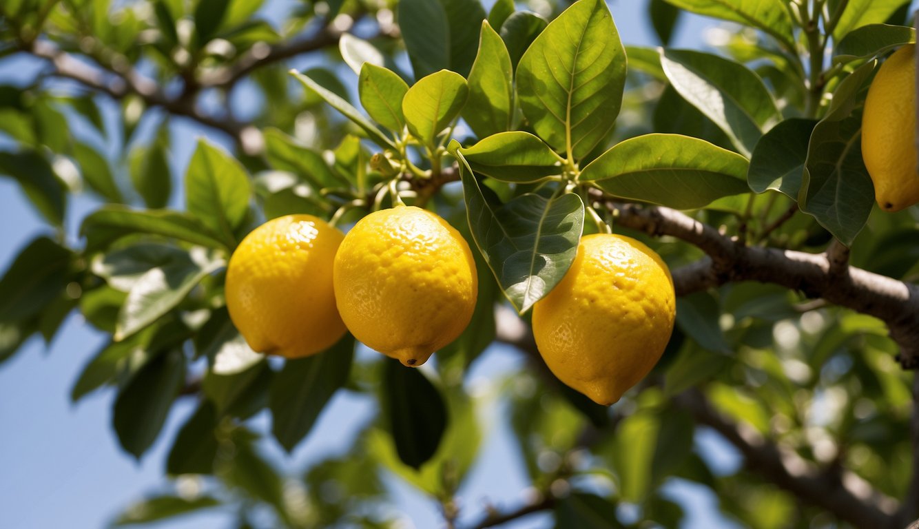 A lemon tree with no lemons, surrounded by healthy green leaves and branches, under a bright sunny sky