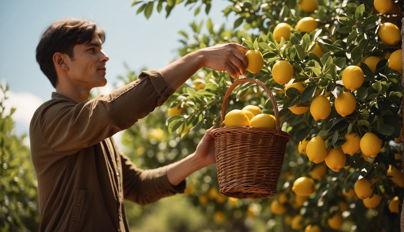 A person picking lemons from a tree, with a basket filled with lemons nearby