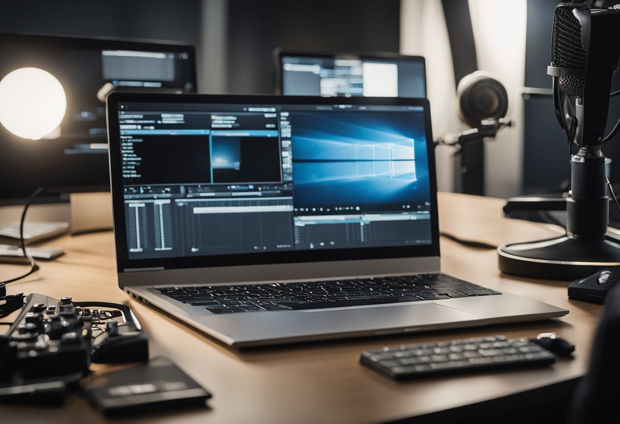 A desk with a computer, camera, and microphone set up. A script and storyboard are visible. Soft lighting and a clean background