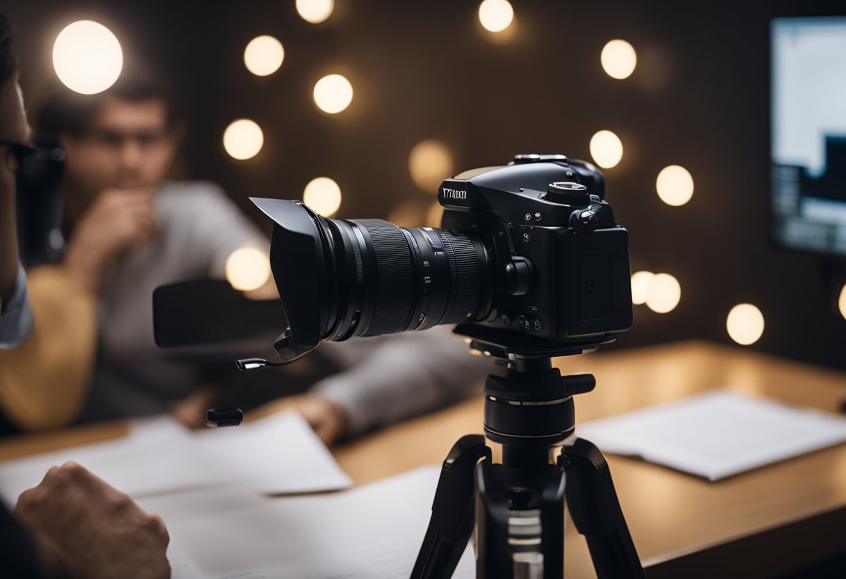 A person creating a YouTube video, with a camera, lights, and a script. They are researching their audience and planning engaging content