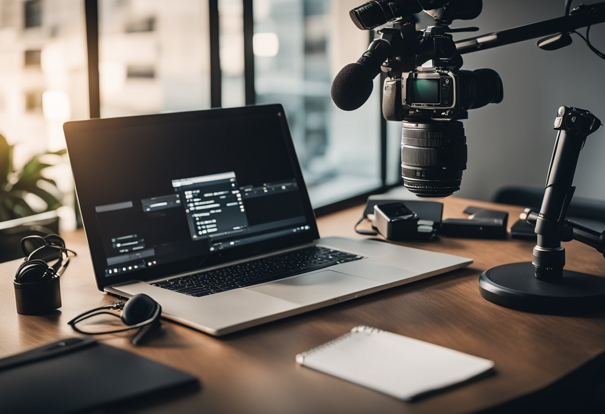 A desk with a laptop, notebook, and pen. A camera on a tripod, softbox lights, and a microphone. A YouTube logo on the laptop screen