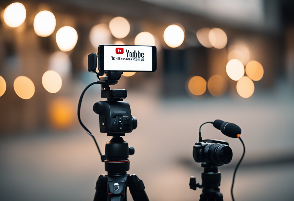 A smartphone with YouTube app open, surrounded by props like lights, a tripod, and a microphone. A notebook with "7 Dicas de Como Crescer Seu Canal no YouTube" written on it