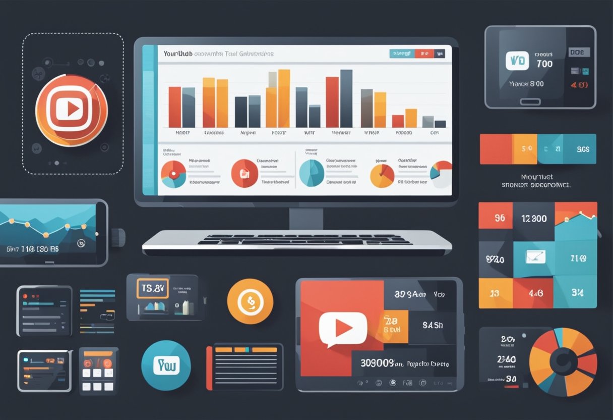 A smartphone displaying YouTube analytics and a growth graph, surrounded by video creation tools and equipment