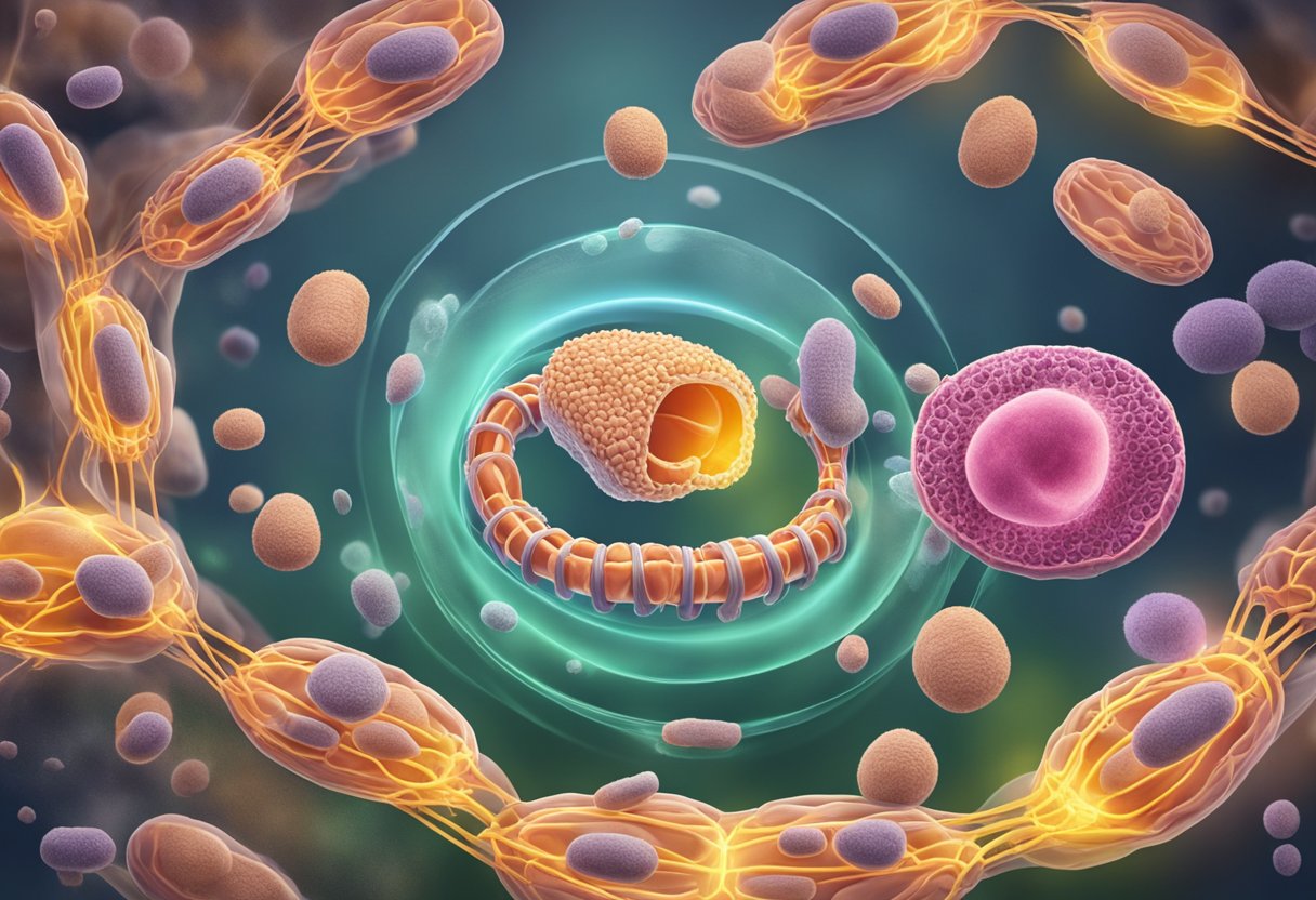 Mitochondria being targeted and broken down by cellular machinery, illustrating the process of modulating mitophagy to increase cellular health